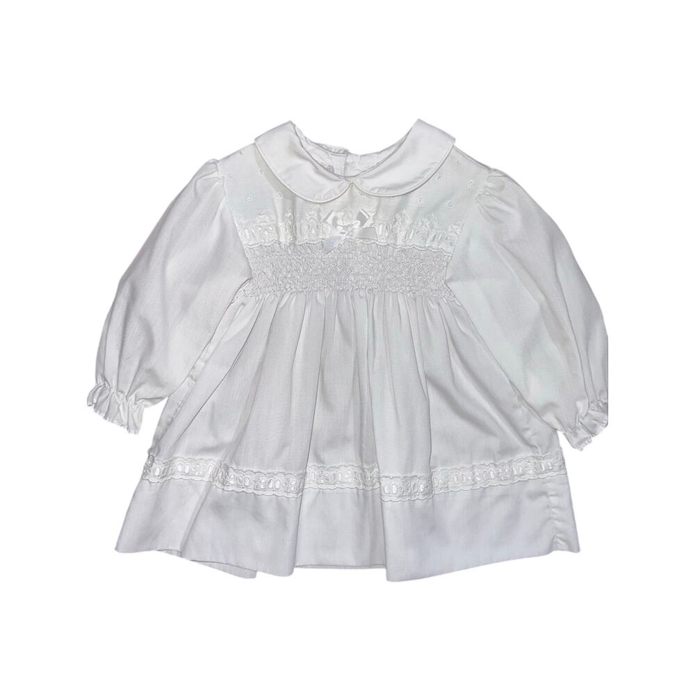 Vintage Polly Flinders Baby Girls White Smocked Peter Pan Collar Dress 24M